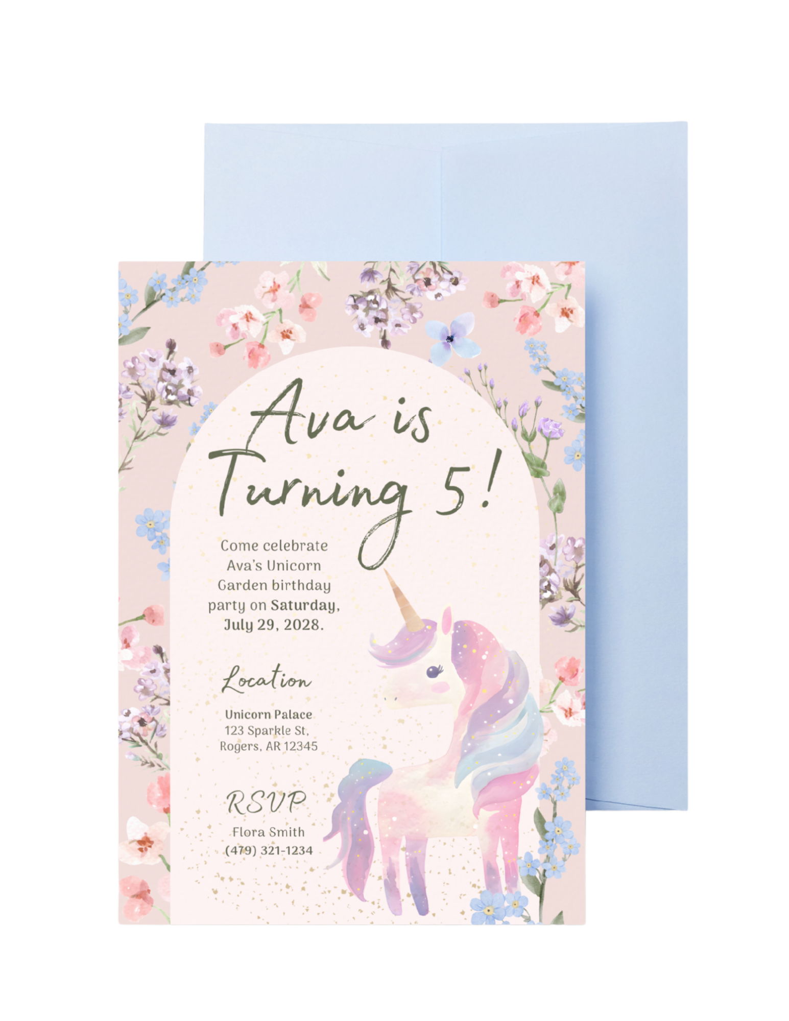 Unicorn Garden Birthday Party Invitation * Design Size: 5 X 7 in
