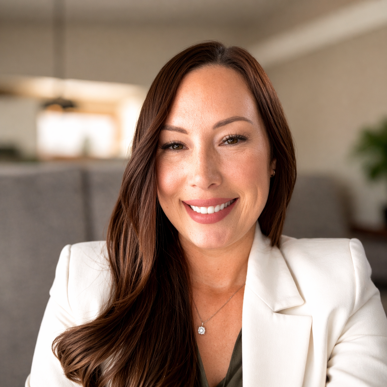 A woman with long brown hair smiling in an indoor setting, wearing a white blazer and a necklace.