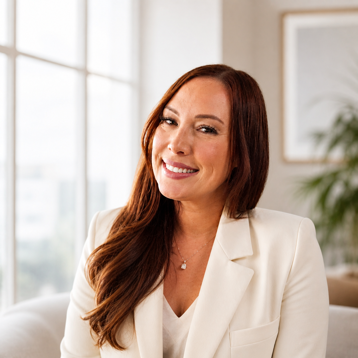 A woman with long red hair smiling in a bright room with large windows and a plant in the background.