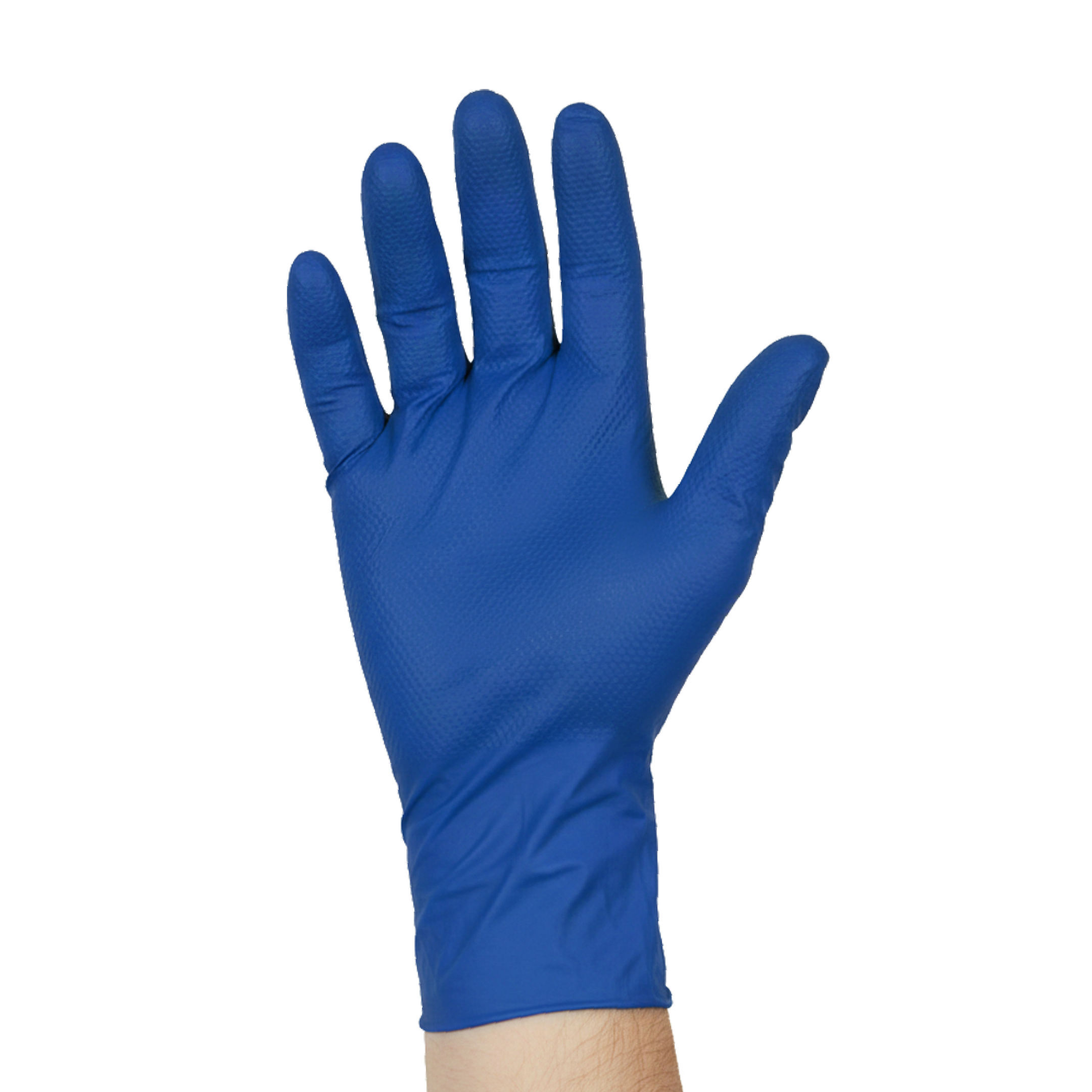 A person wearing a blue glove, with part of their hand visible.
