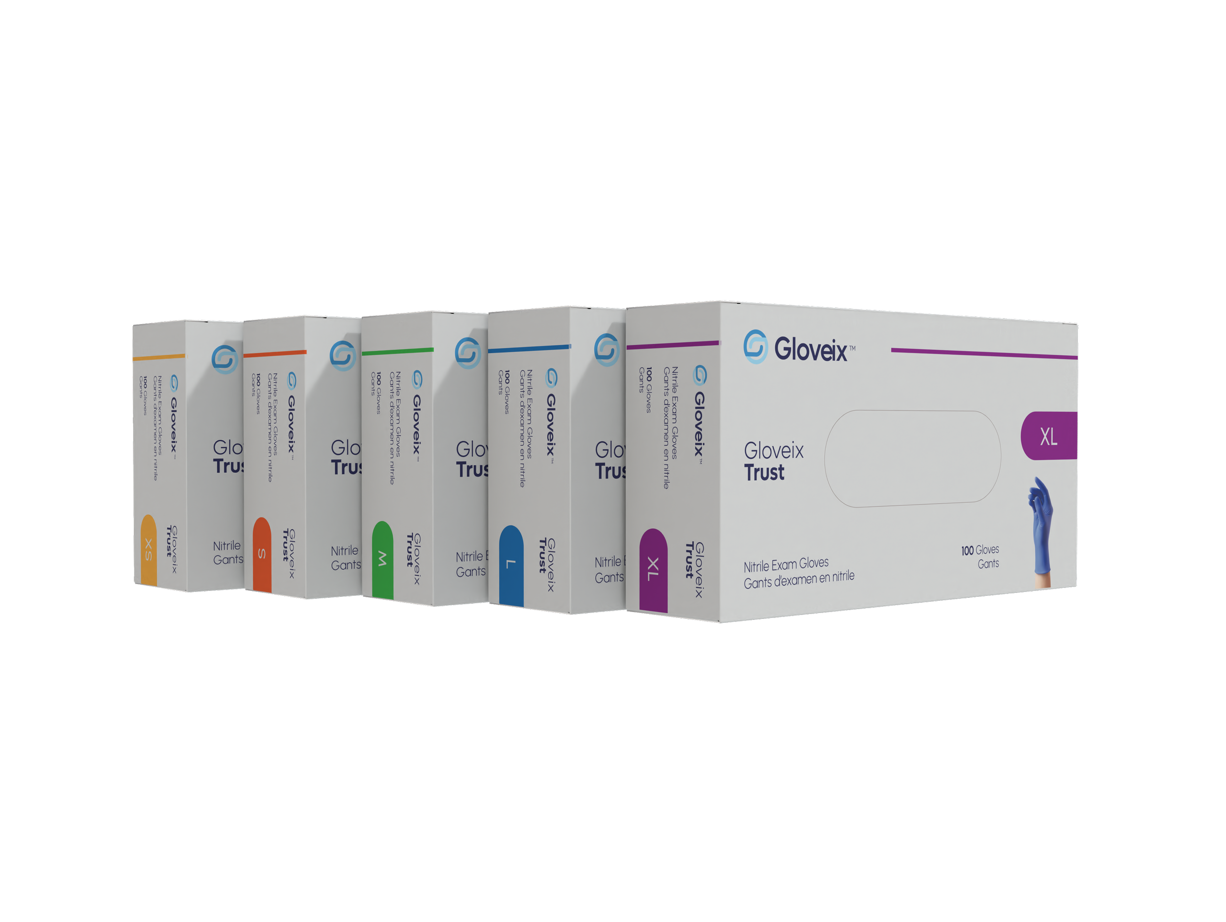 Boxes of Gloveix Trust nitrile exam gloves in various sizes, arranged in a row with colored labels and the Gloveix Trust logo.