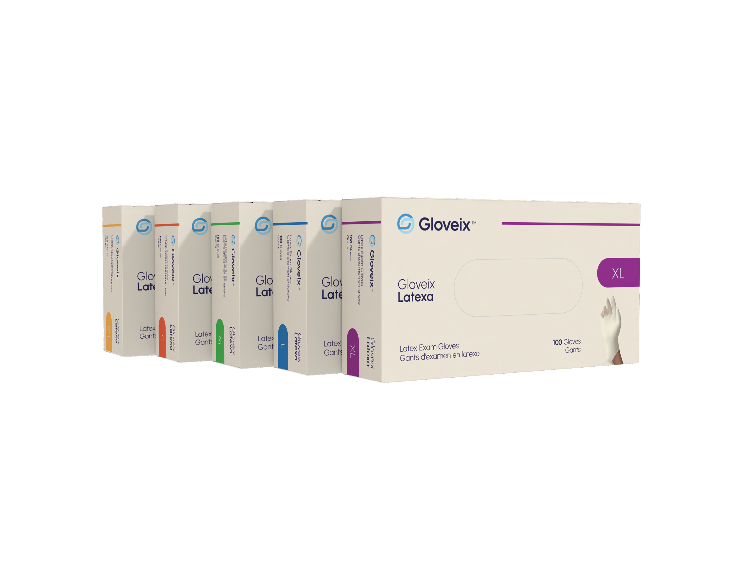 Boxes of latex exam gloves in various sizes, arranged in a row, with each box labeled with the size and brand name 'Gloveix Latex'