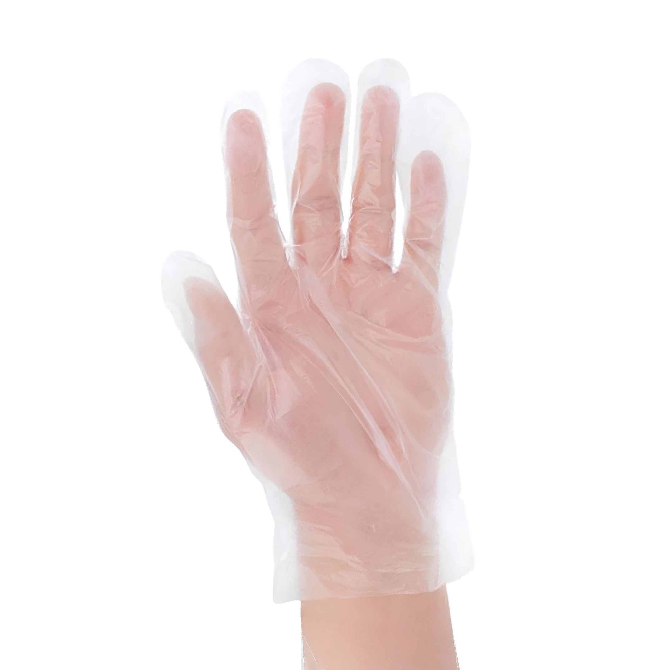 A hand wearing a disposable glove, with fingers extended.