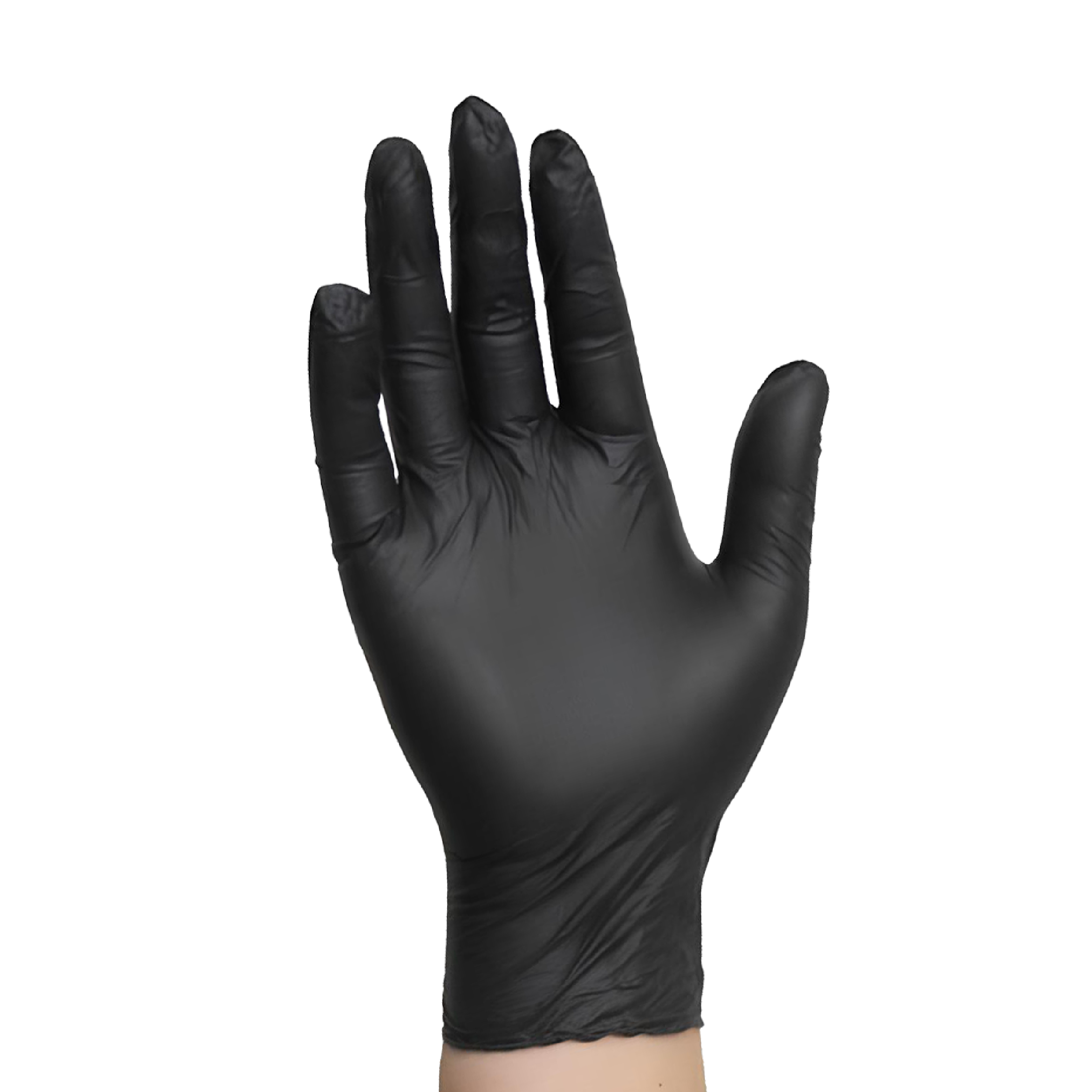 Close-up of a hand wearing black gloves, touching or pressing a transparent surface.