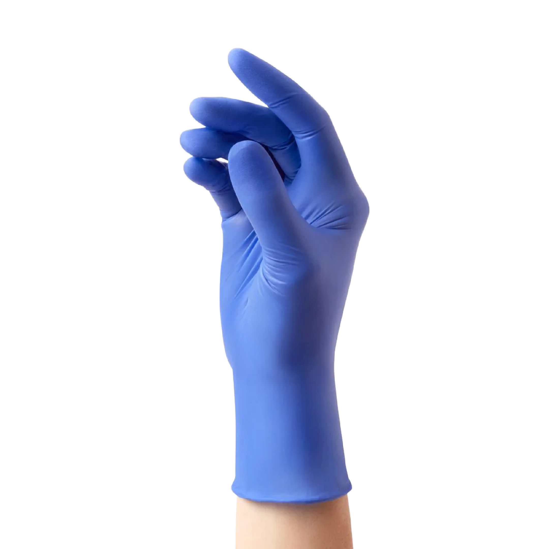 Close-up of a hand wearing blue medical glove, pointing upward with index finger against a clear background.