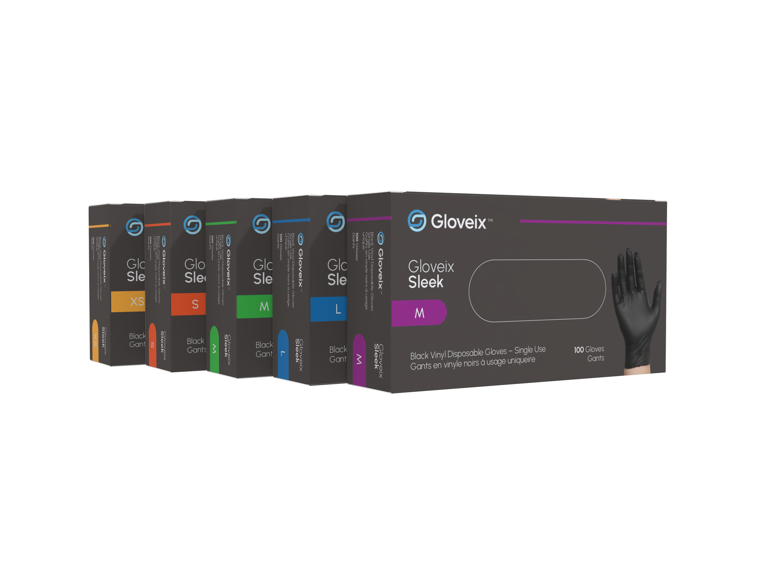 Boxes of Gloveix Sleek black vinyl disposable gloves in various sizes, arranged in a row with a hand wearing a glove on the right side of the image.