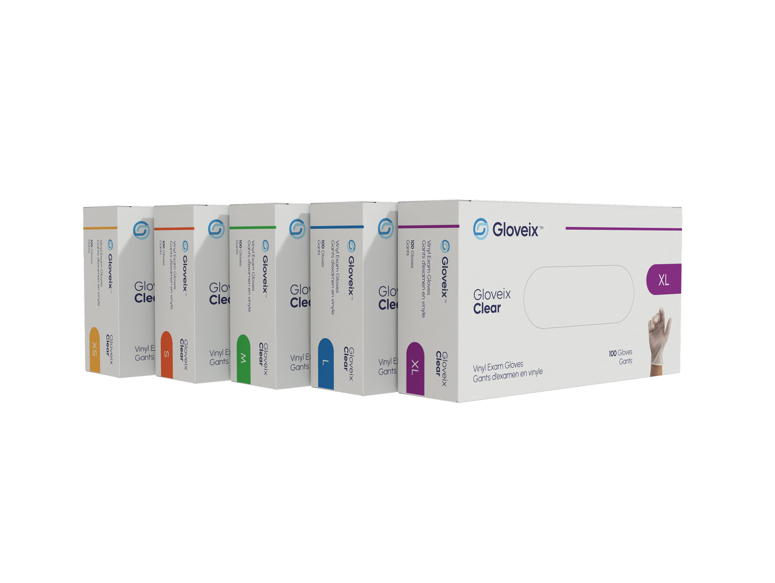 Boxes of Gloveix vinyl exam gloves in various sizes, including XL, arranged side by side with packaging labels visible, against a black background.