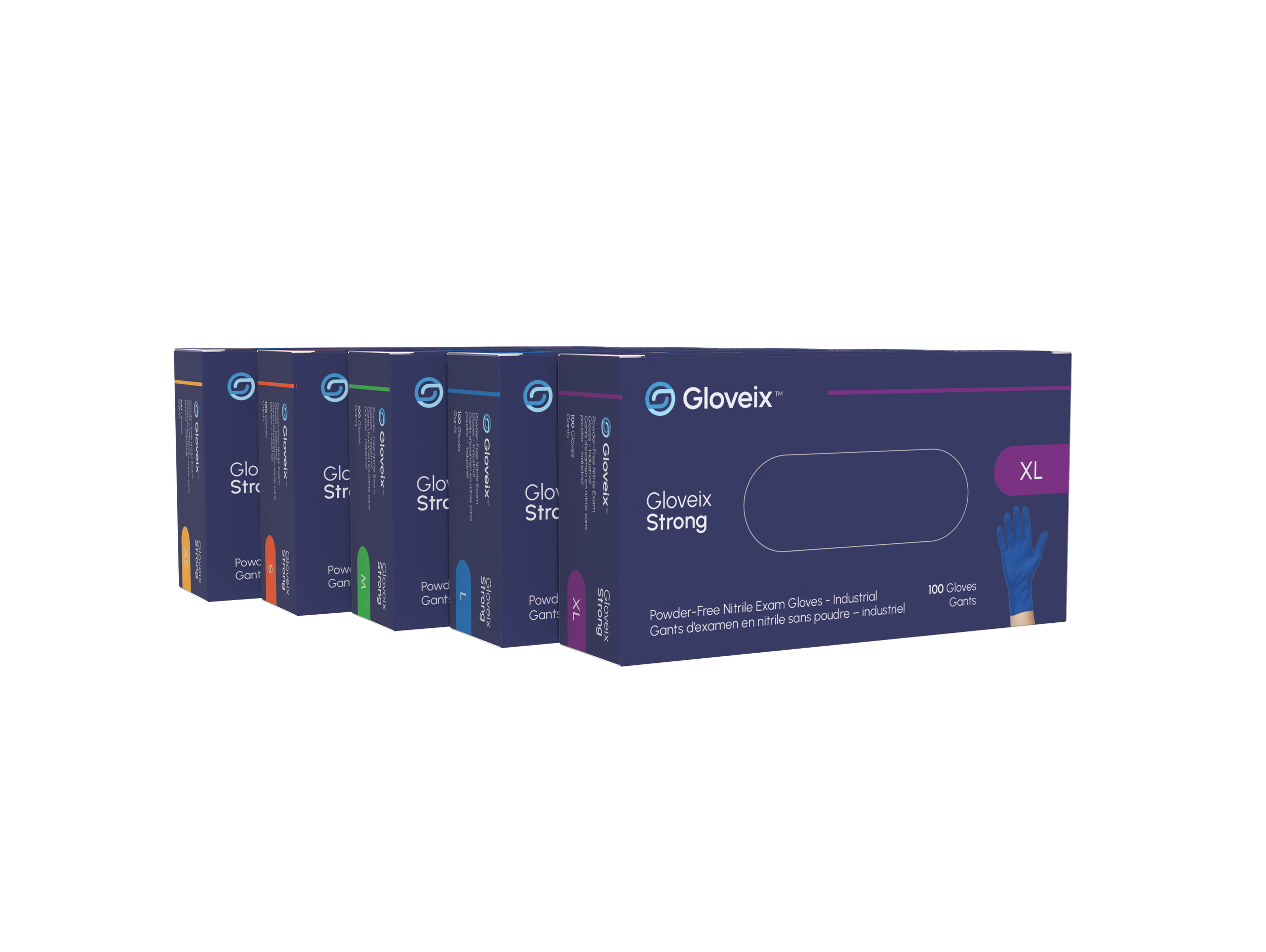 A row of multiple boxes of Gloveix Strong powder-free nitrile exam gloves, size XL, with a blue glove illustration on the front of the box.