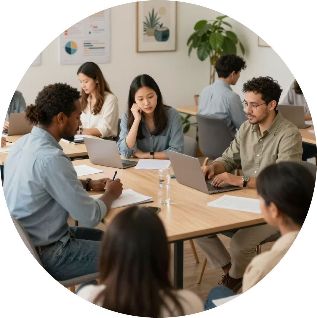 Group working at a table with laptops and paper