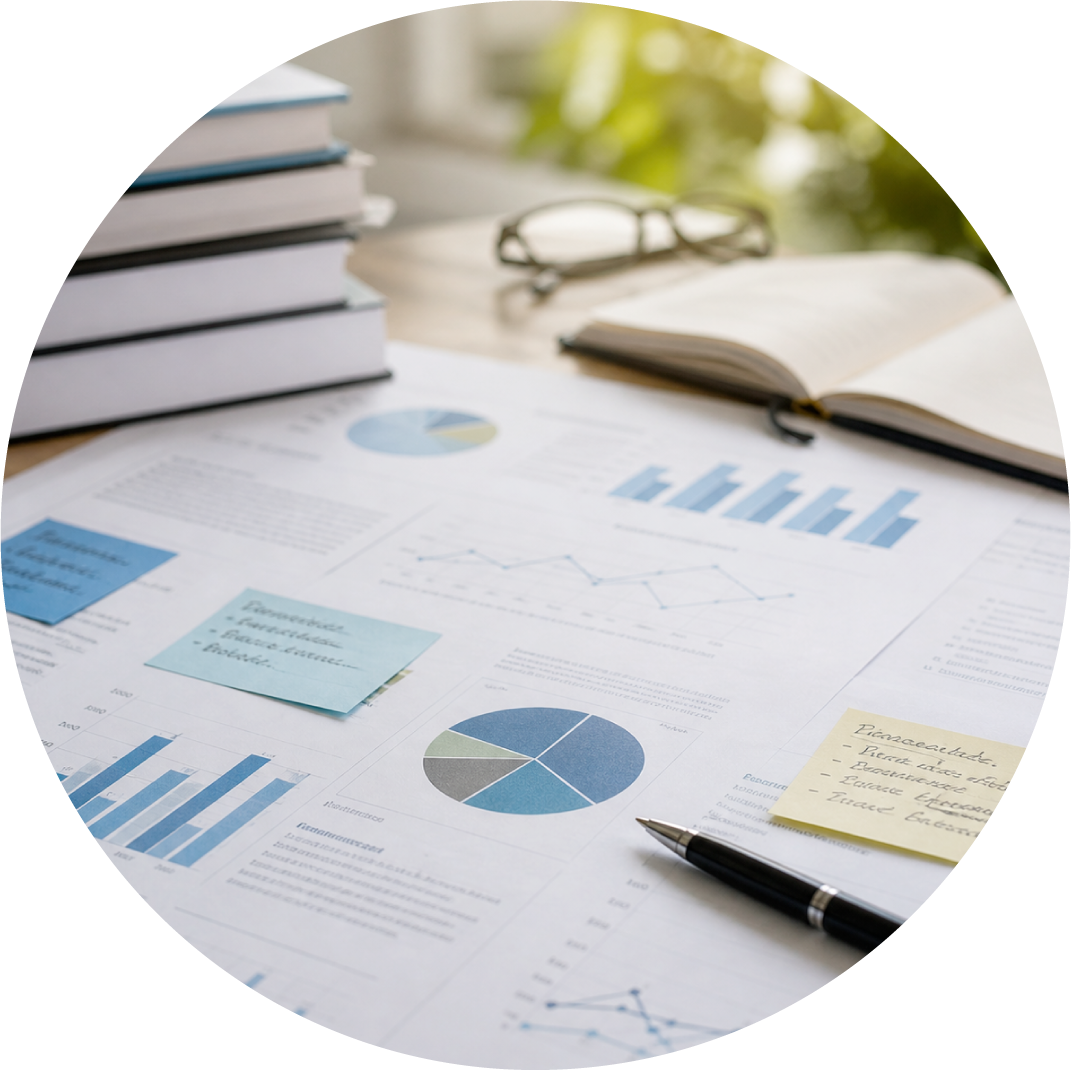 Charts, sticky notes, books, notebook, pen, and glasses on a table