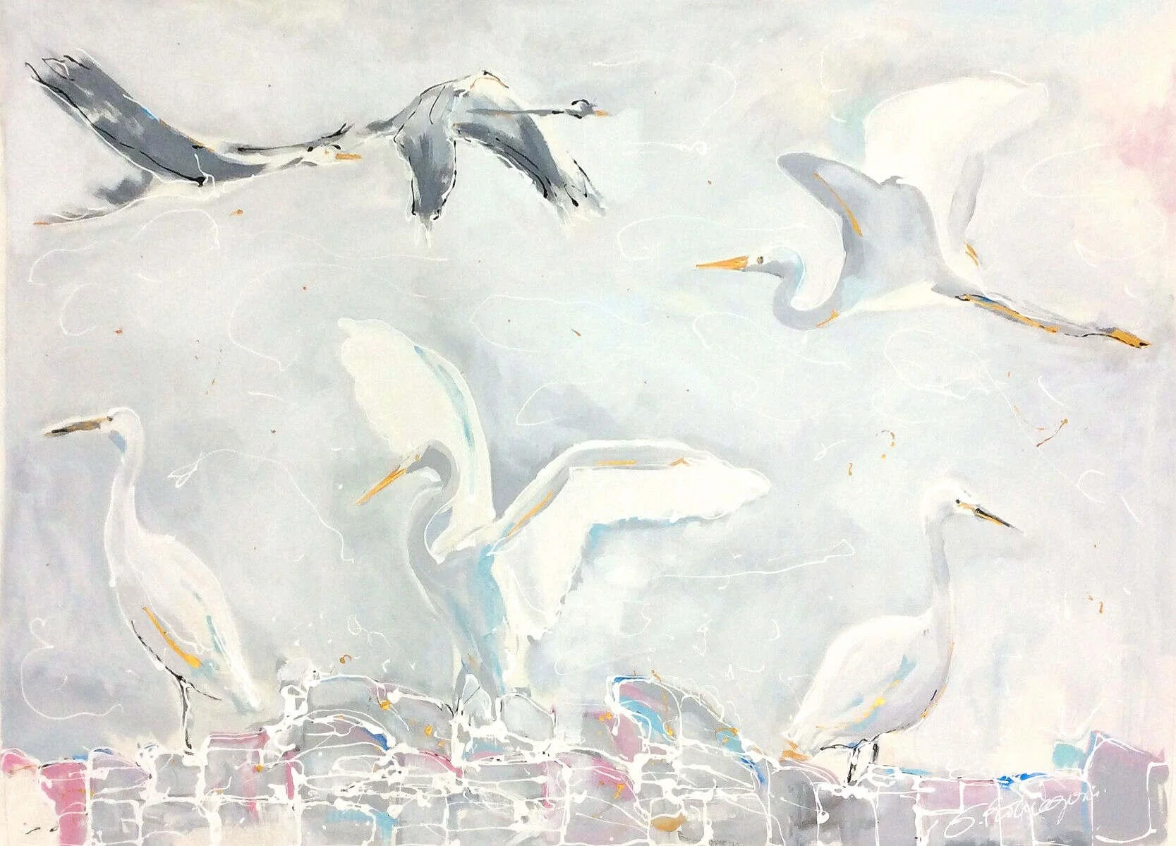 ”Neutral Birds” by Eduardo Romaguera, size 60" × 40″