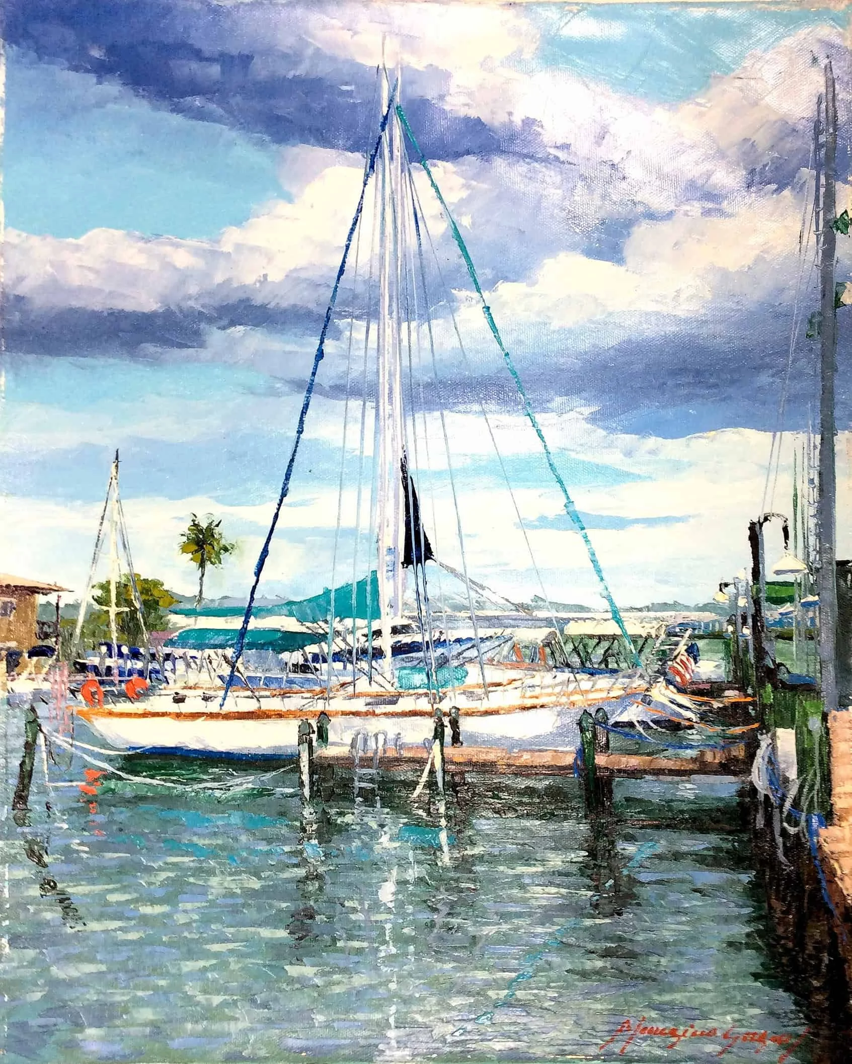 “Sailboat at Dock” by Mauricio Garay, size 14" x 18"