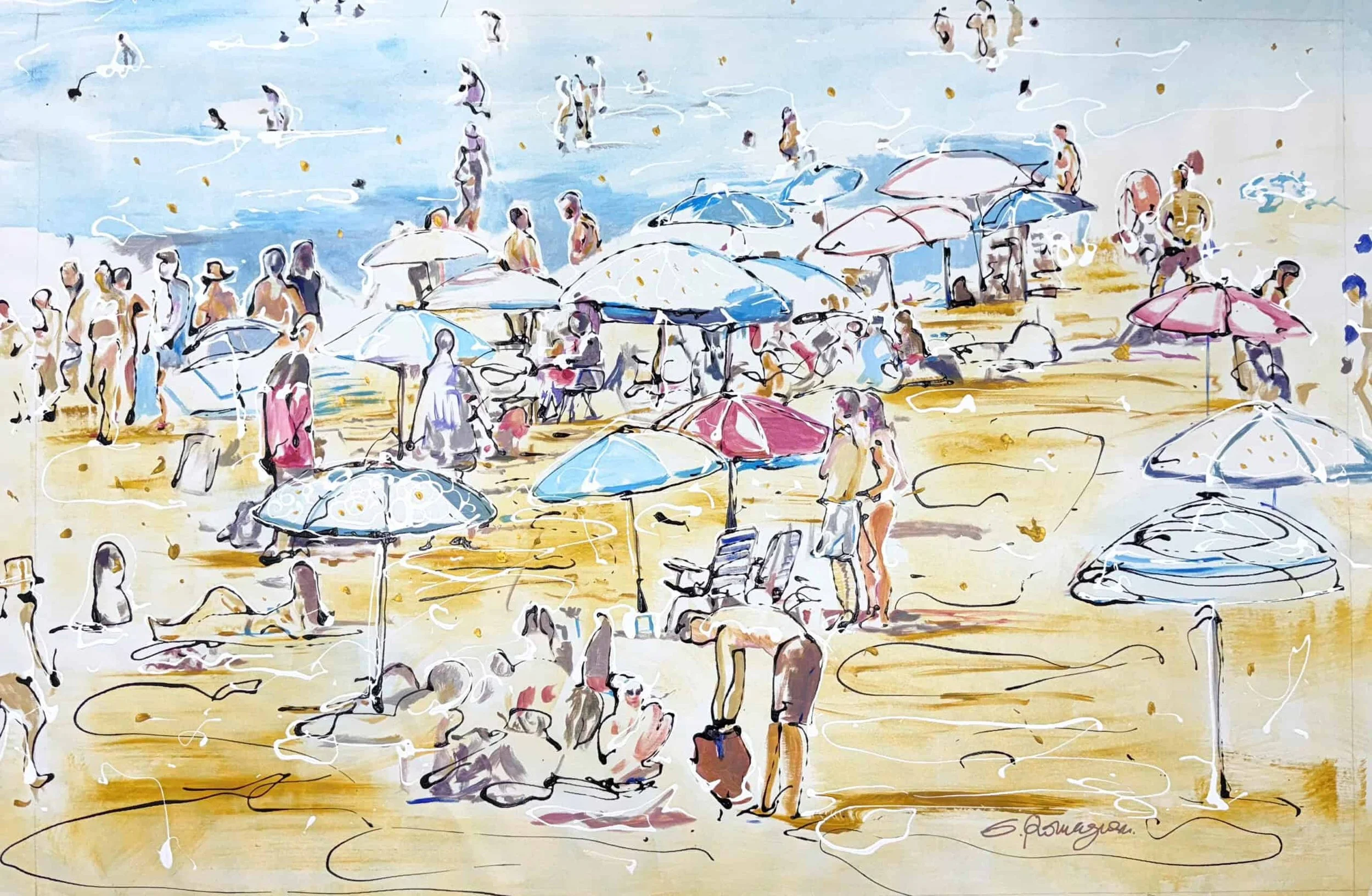 ”Beach Scene” by Eduardo Romaguera, size 60" × 40″