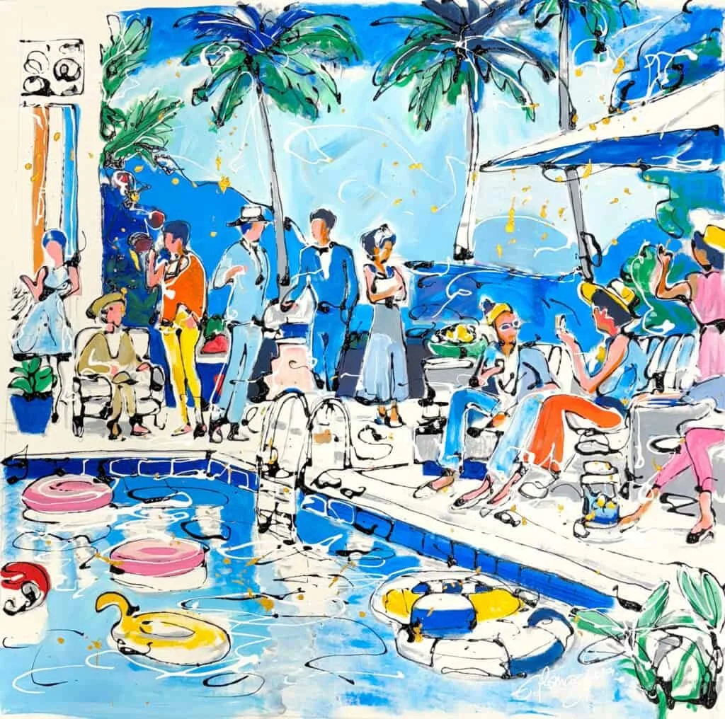 “Pool Party” by Eduardo Romaguera, size 40" × 40″
