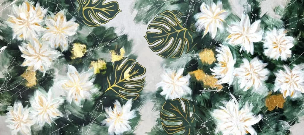 “Monstera Garden” by Kierra Maillette, size 30″ x 66″
