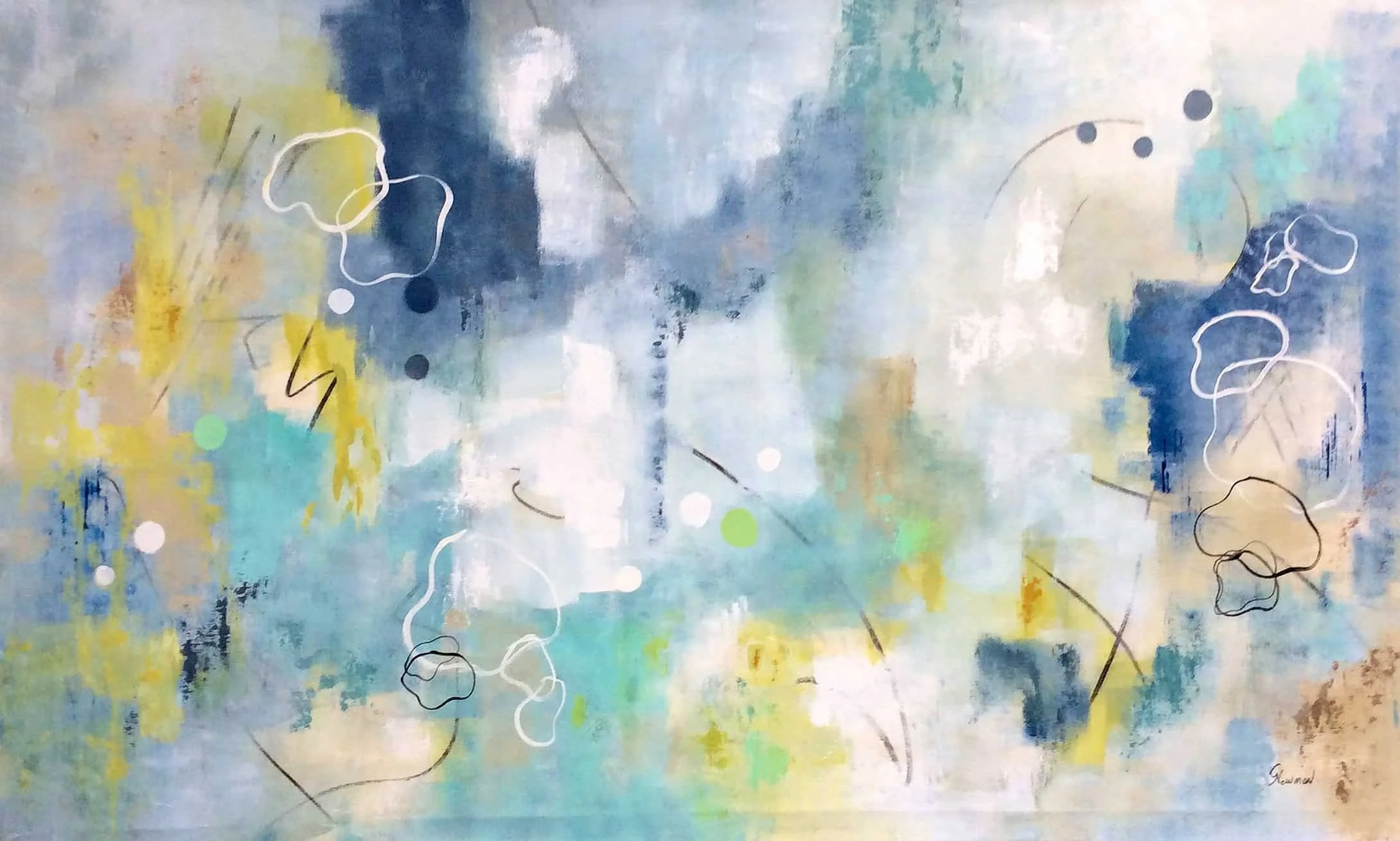 “In Flight” by Gudrun Newman, size 66″ x 40″