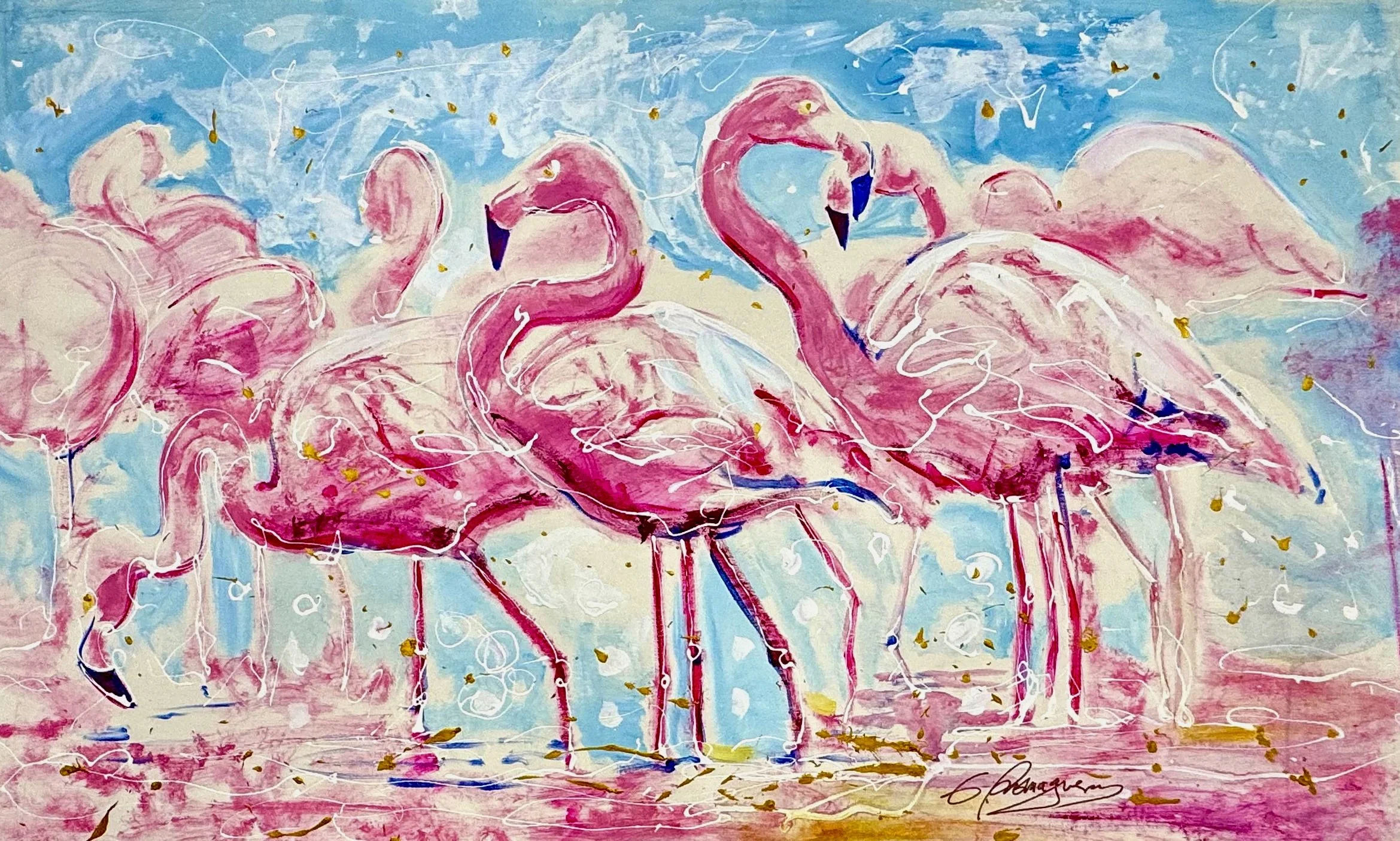 Abstract painting of pink flamingos with blue sky background, white accents, and gold splatters.