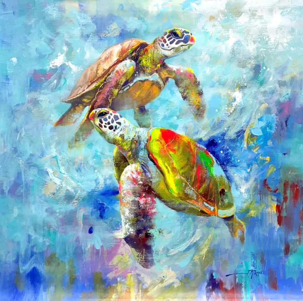 “Sea Turtles” by Jose Manuel Reyes, Size 46″ x 46″