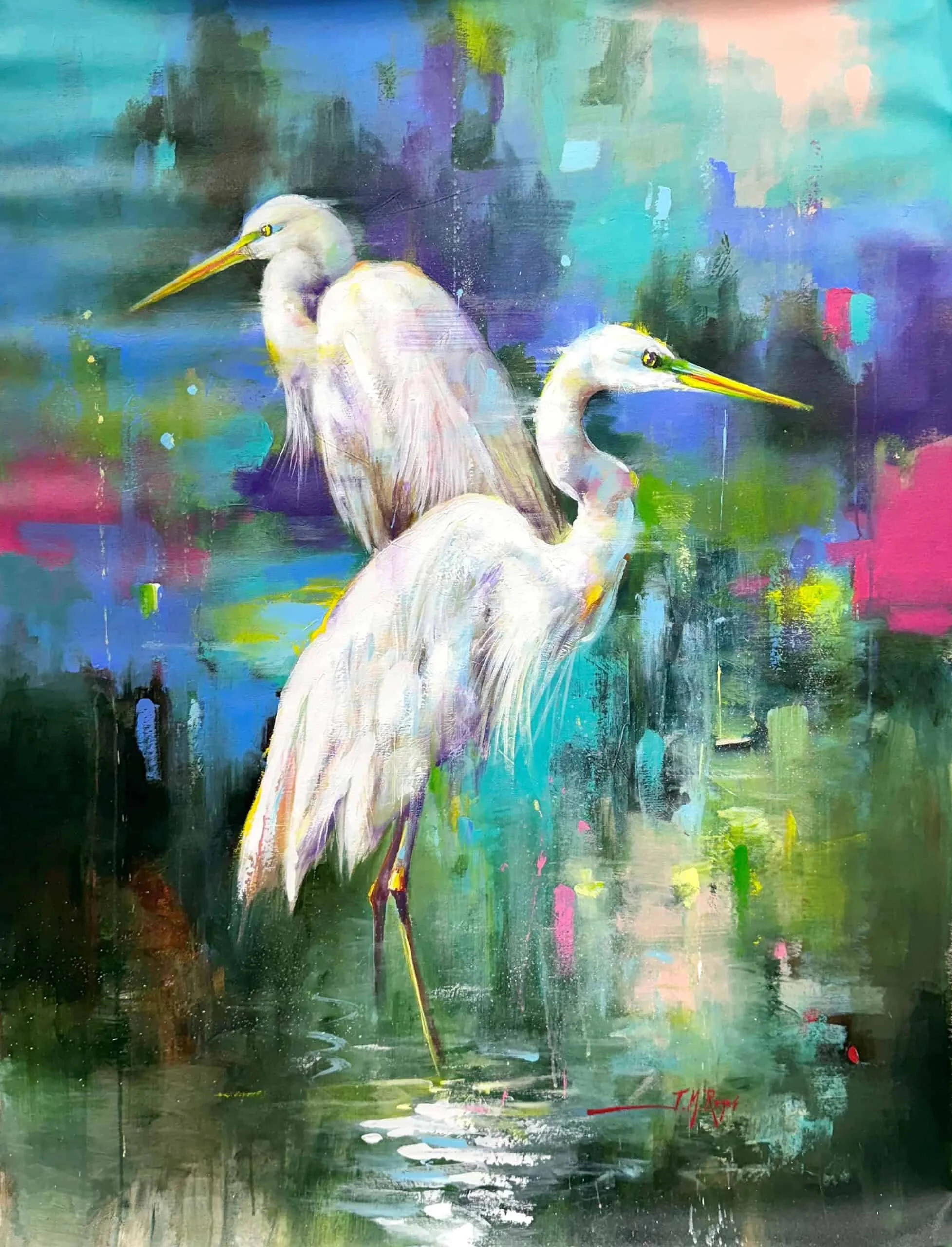 “White Herons” by Jose Manuel Reyes, Size 36″ x 46″
