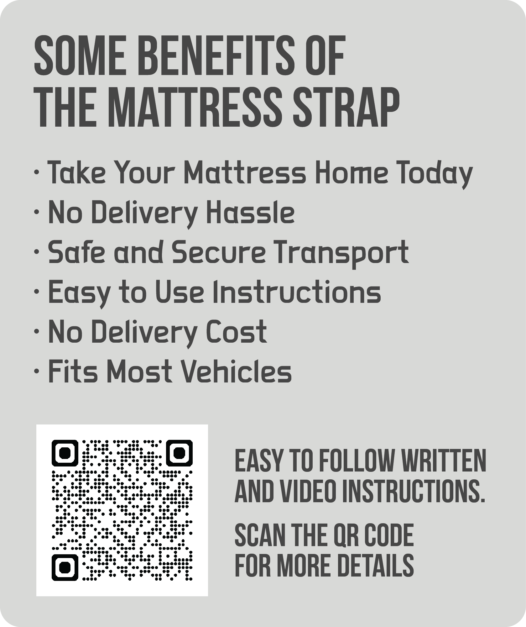 A promotional flyer for mattress straps highlighting benefits such as easy installation, secure transport, and no delivery cost, including QR codes for additional information.