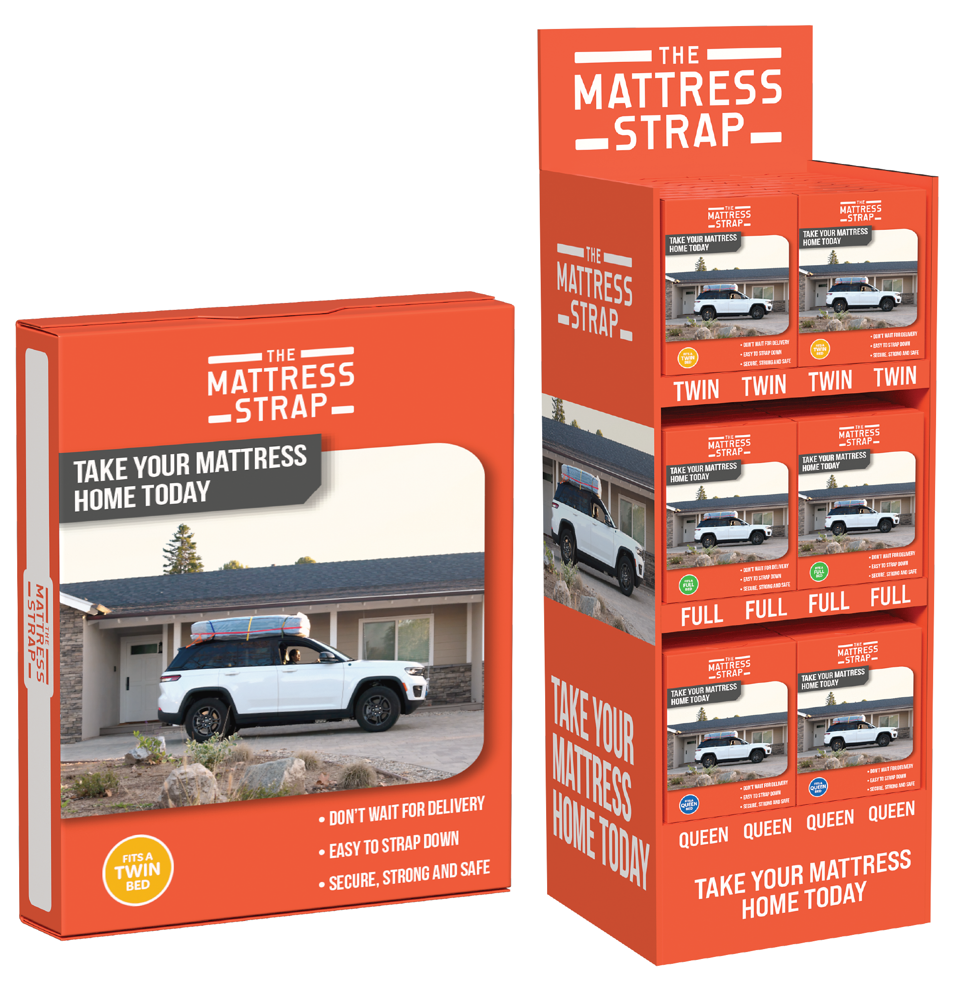 Packaging box of a mattress strap with the product name 'The Mattress Strap'. The box is orange with white and black text, displaying features like 'Fits a Twin Bed' and 'Take Your Mattress Home Today'. The box shows an image of a white SUV with a mattress strapped on top, parked outside a house with a garage and a front yard.