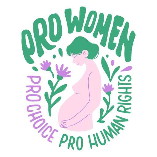 Illustration of a pregnant woman with hands on her belly, surrounded by purple and green text and symbols emphasizing health and well-being.