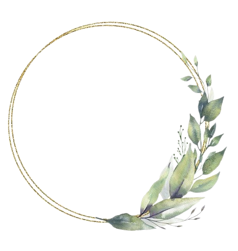Empty green circular frame with a gold border, decorated with gray and muted green leaves on the bottom right side.