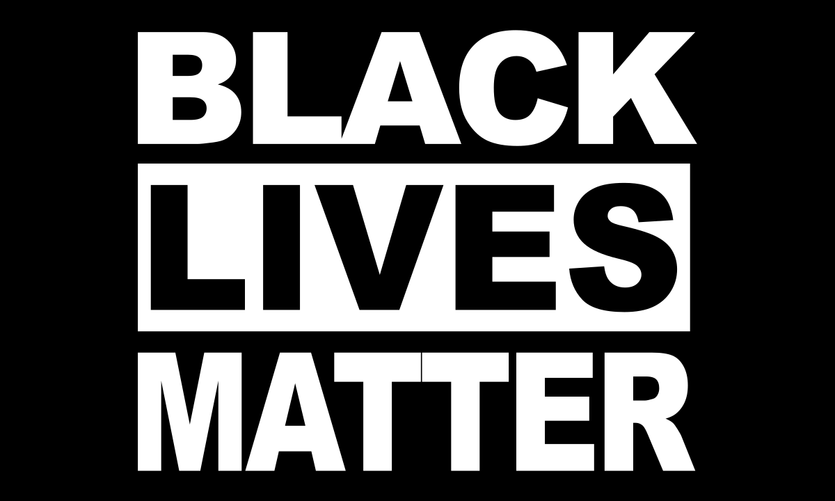 Black Lives Matter slogan in bold black and white text, with 'BLACK' at the top, 'LIVES' in the middle, and 'MATTER' at the bottom, on a black background.