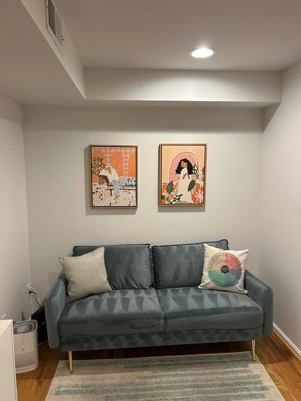 A living room with a gray couch, two decorative pillows, and two framed art pieces on the wall. One pillow has a color wheel design. There is a small air purifier or heater to the left of the couch and a striped rug on the wooden floor.