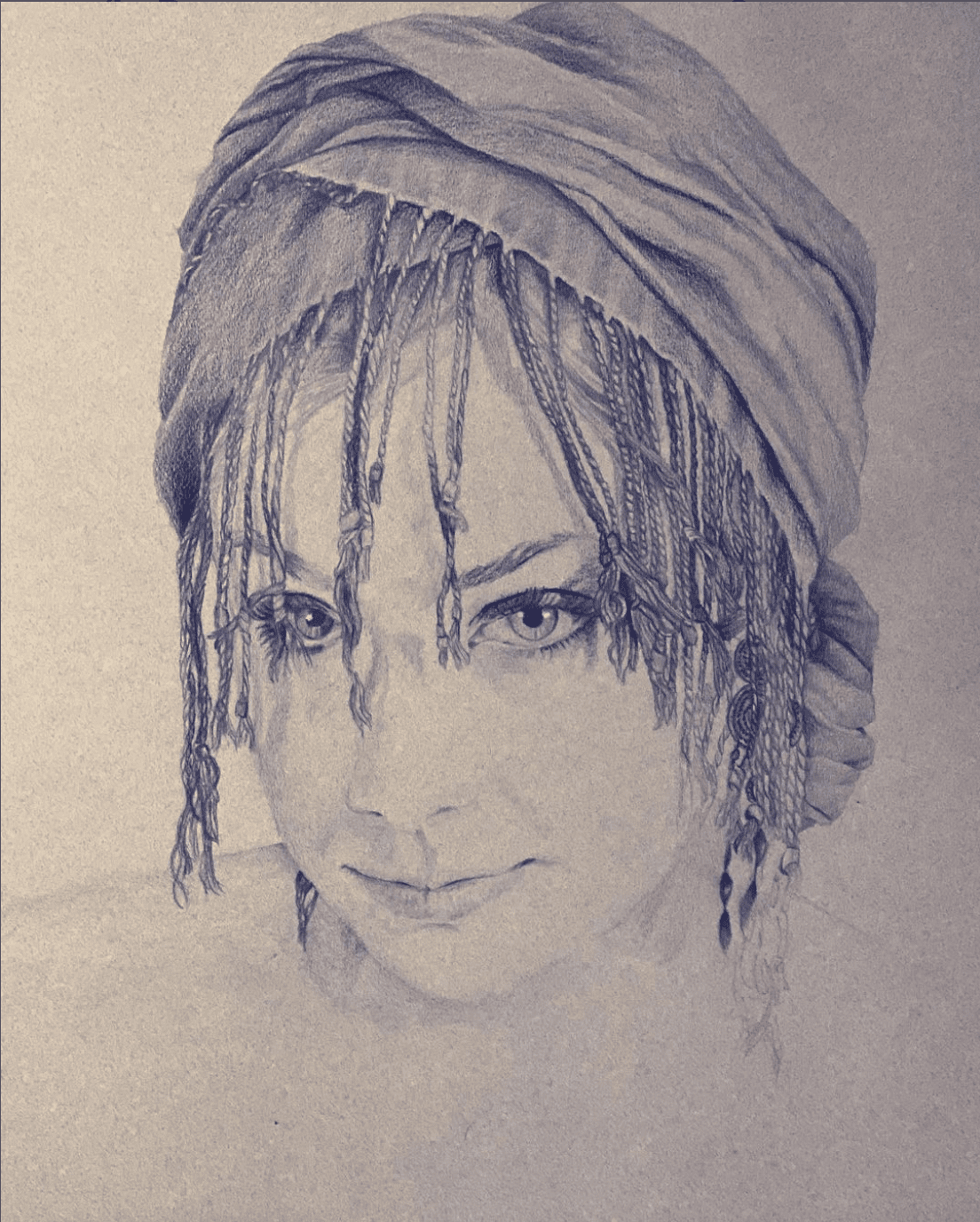 Hand-drawn portrait of a woman with braided hair wearing a headwrap.