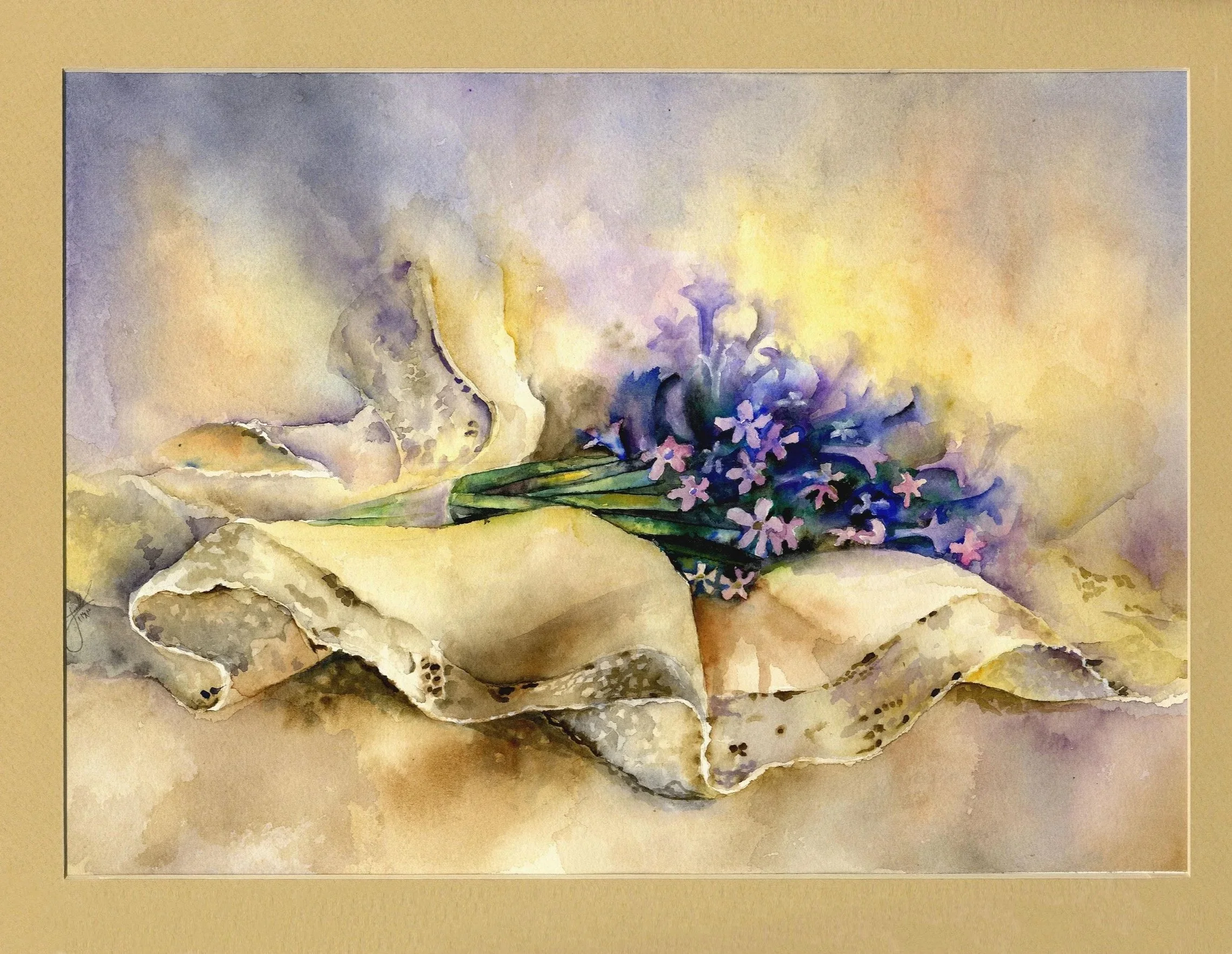 Watercolor painting of a purple flower bouquet on a white paper with torn edges, set on a beige surface.