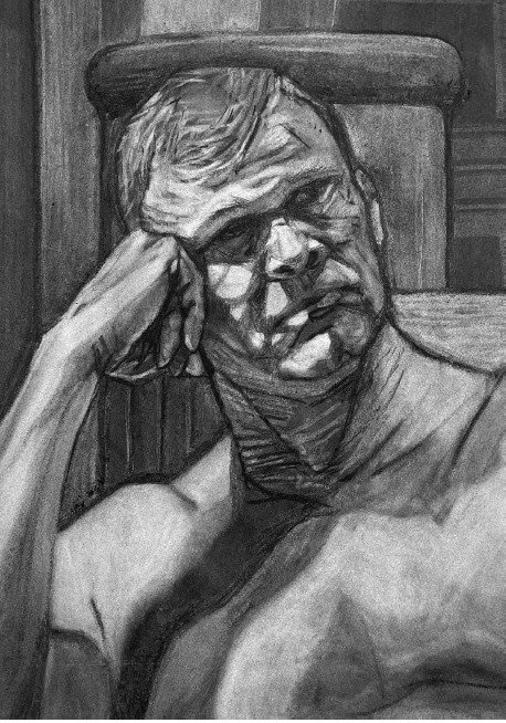 Black and white sketch of a man resting his head on his hand, sitting on a chair with a wooden wall in the background.