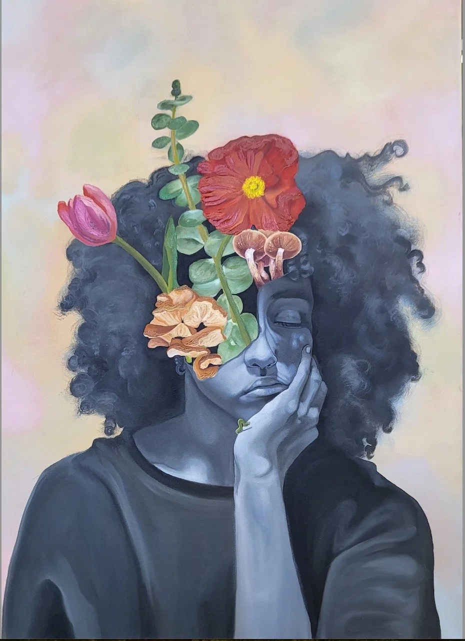 A painting of a woman with dark, textured hair and closed eyes, resting her face on her hand. Her hair is topped with colorful flowers, including pink, red, orange, and mushrooms, blending nature and introspection in a surreal style.
