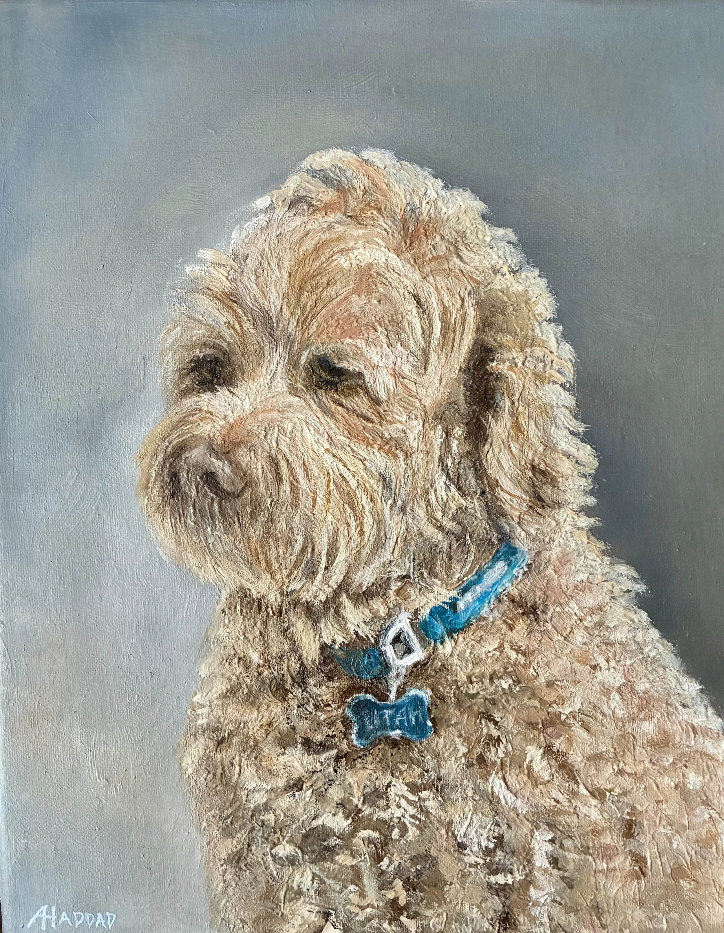 Oil painting of a dog with curly beige fur and a blue collar, against a plain gray background.