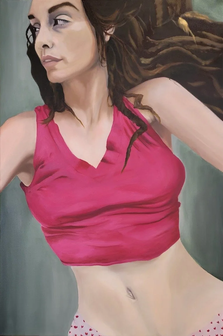 A painting of a woman with long dark hair, wearing a pink crop top, with her head turned to the side.
