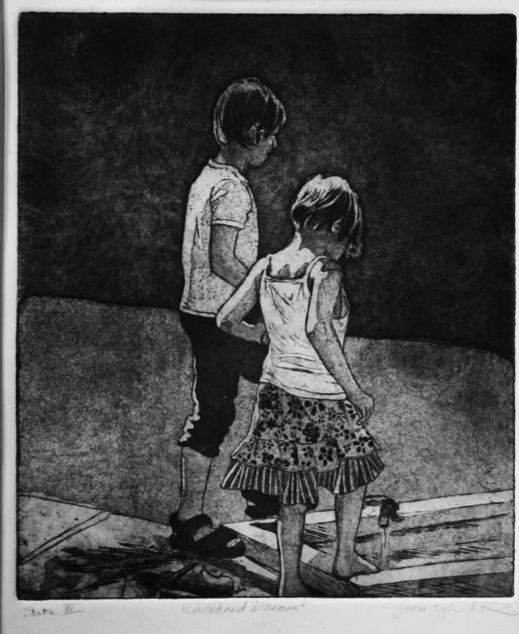Two children, a girl and a boy, are standing on a dock, looking at a small object with a water bottle nearby, in a black and white drawing.