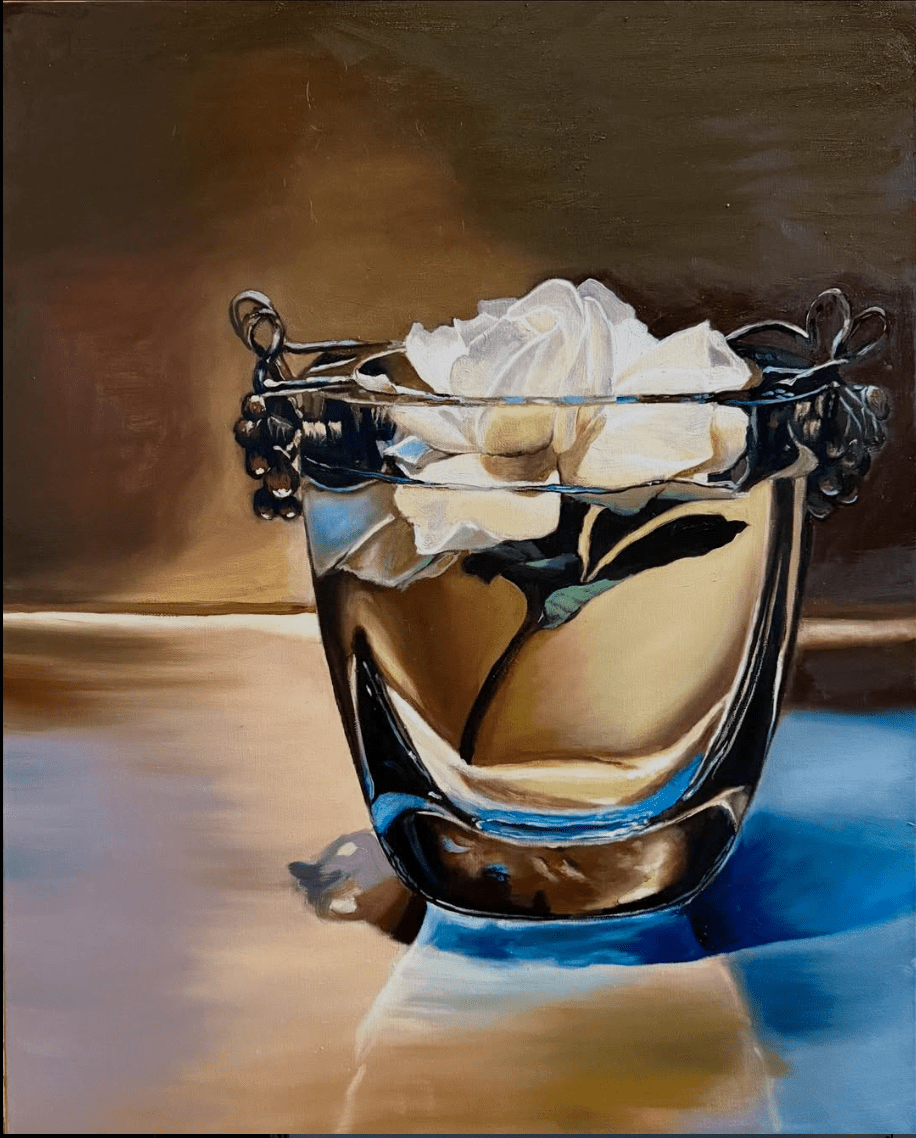 Painting of a white flower in a glass bowl with a dark background.