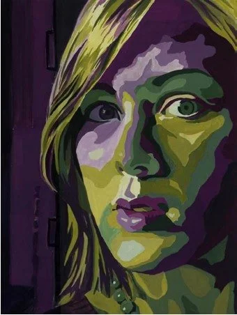 Portrait of a woman painted in abstract, vivid colors with green and purple shades.