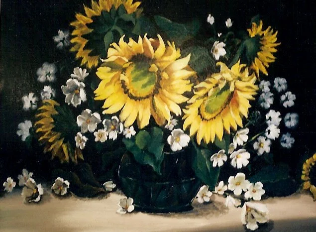A painting of a bouquet of sunflowers and white flowers in a dark vase on a light surface.