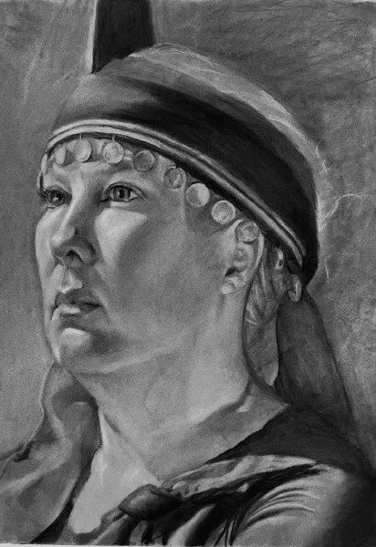 Black and white drawing of a woman in tribal attire, wearing a headband with decorative beads, looking to the left.