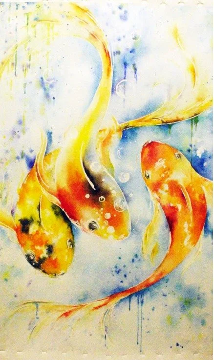 Watercolor painting of three colorful goldfish swimming in water with splashes of blue, yellow, and orange.