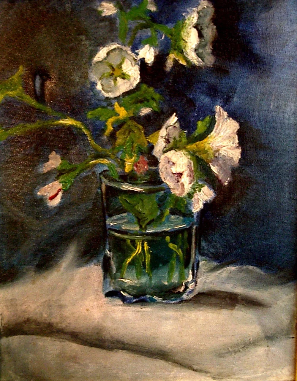 Oil painting of a glass vase with pink and white flowers on a dark background.