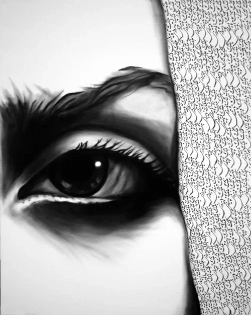 A black-and-white photograph of a human eye, with a patterned fabric or curtain partially covering the face on the right side.