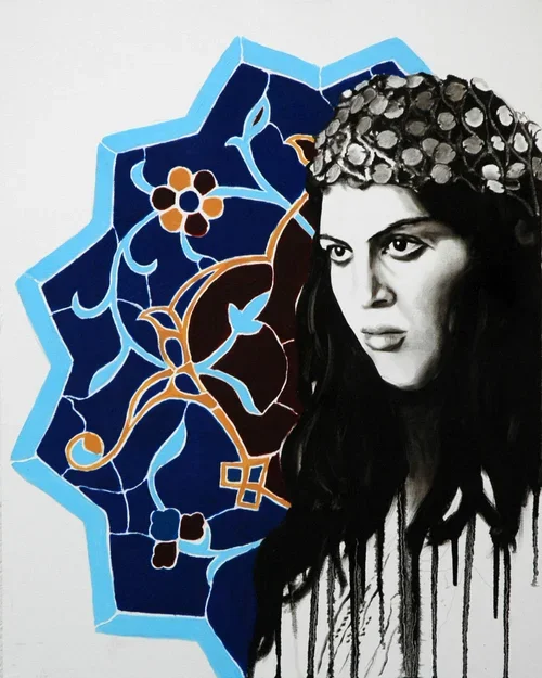 A mural featuring a black and white portrait of a woman with long hair and a bejeweled crown, set against a colorful, intricate geometric and floral background with shades of blue, gold, and black.