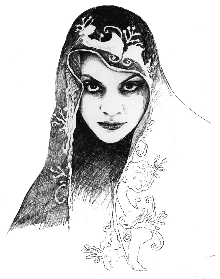 Black and white sketch of a woman with detailed hair and facial features, surrounded by floral and vine patterns.