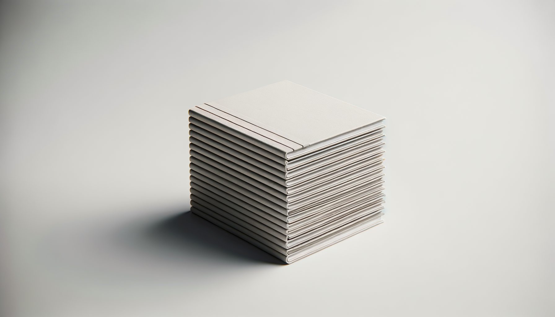 Pila de cuadernos blancos en una superficie clara con sombra suave.