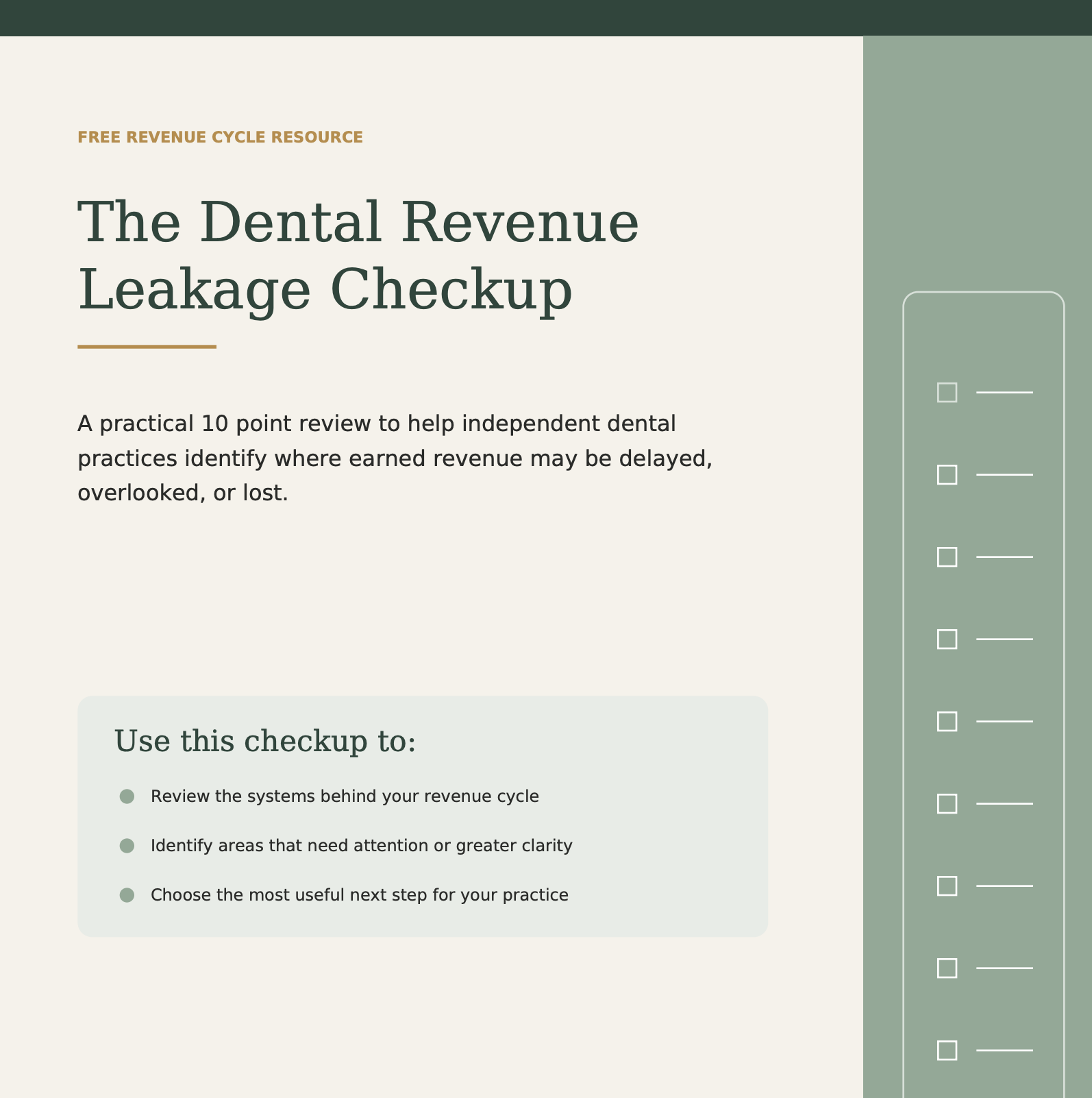 A webpage with a header titled 'The Dental Revenue Leakage Checkup' and a subheading describing a 10-point review to help independent dental practices identify revenue leakage, along with a checklist to use for the review.