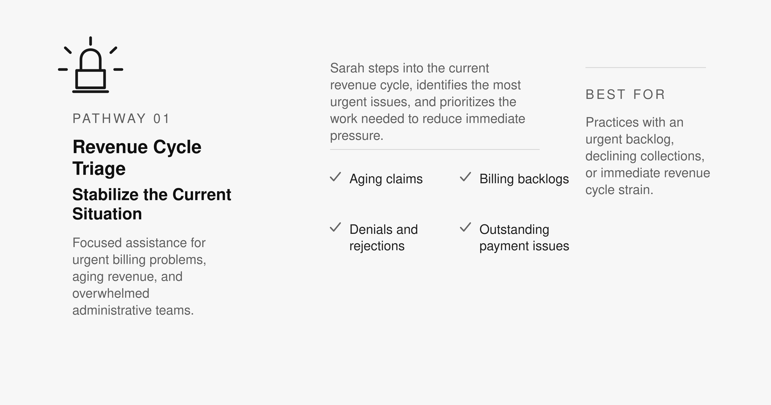 Information page about revenue cycle triage, showing a black and white siren icon, with text describing urgency focus areas and benefits of paying attention to billing issues.