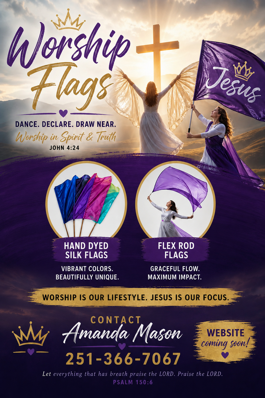 A promotional poster for a worship event featuring women with silk and flex rod flags, celebrating faith and community. The poster includes an image of women holding flags in front of a cross at sunset, with colorful flags and text promoting the event and contact information.