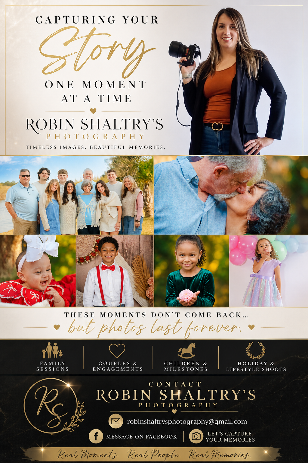 A promotional flyer for Robin Shaltry's photography business featuring images of families, children, and special moments, with text about capturing memories and contact information.